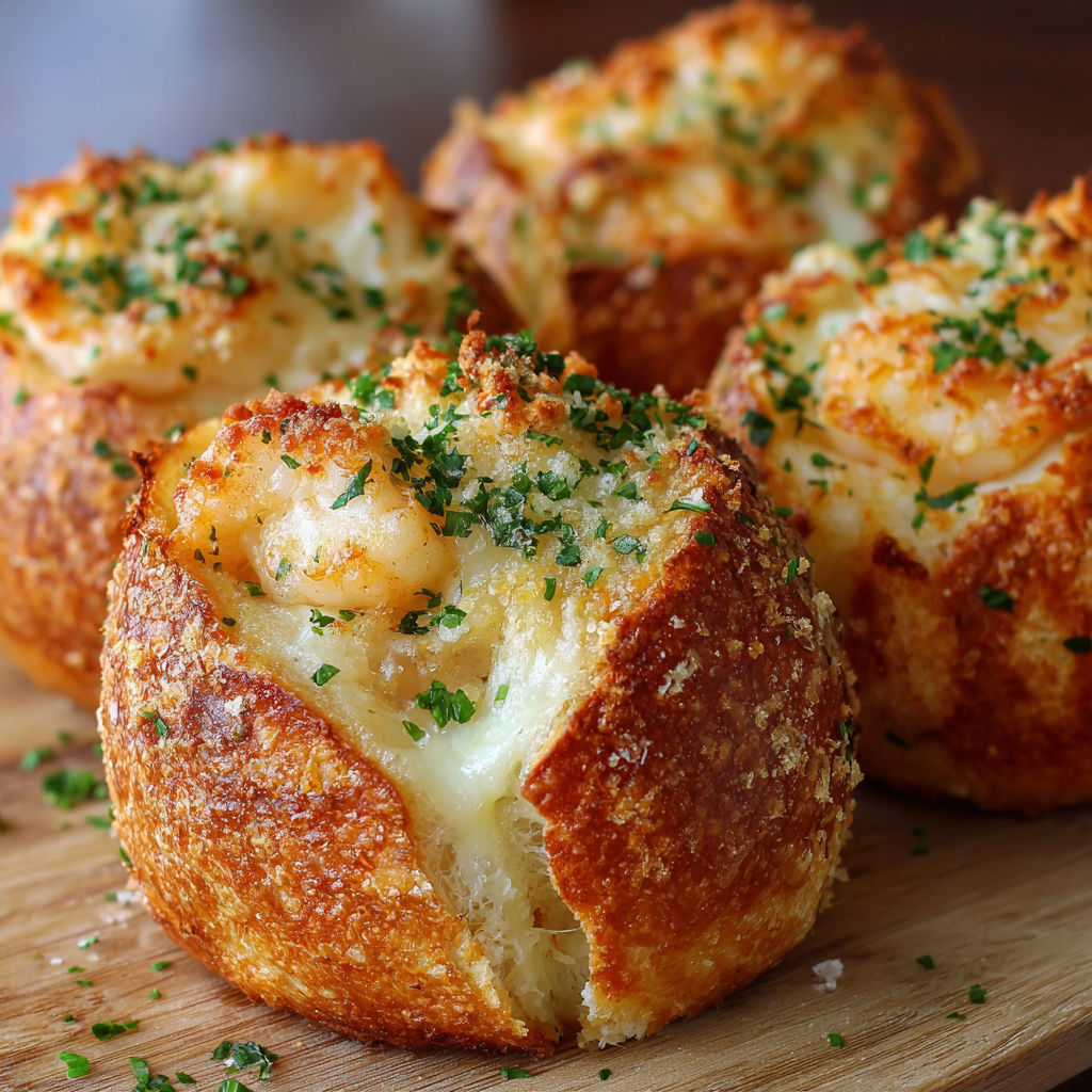 A plate of food with a description of shrimp and cheese.