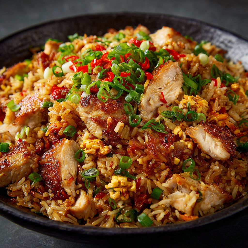A bowl of bang bang chicken fried rice.