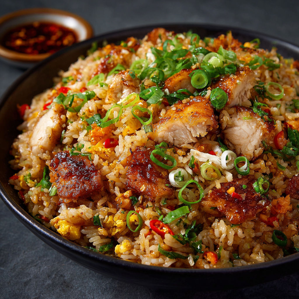 A bowl of rice with chicken and vegetables.