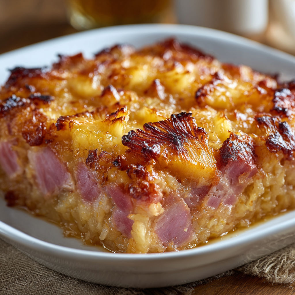 A plate of food with a pineapple topping.