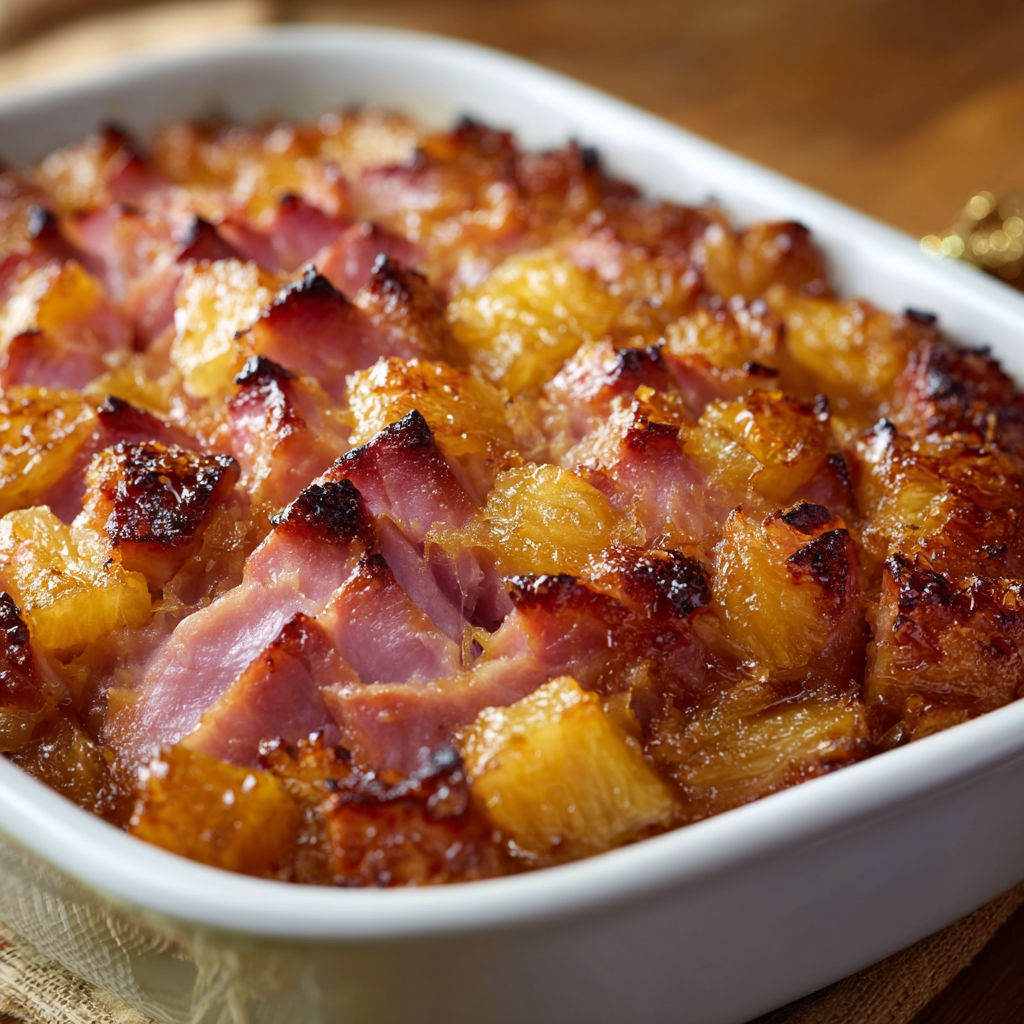 A white bowl filled with ham and pineapple.