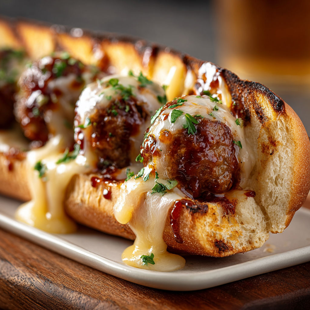 A hot dog with meatballs and cheese on a bun.