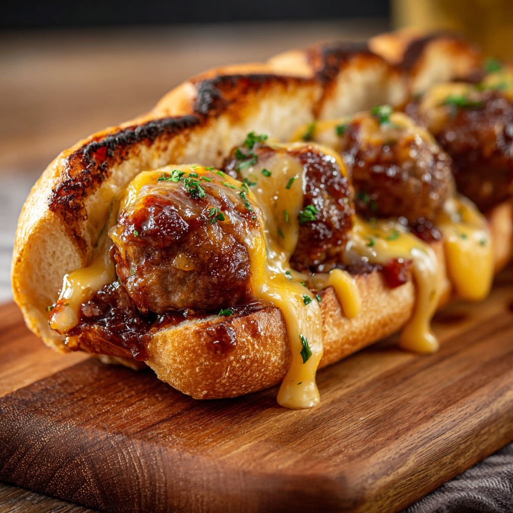 A hot dog with meatballs and cheese on a bun.