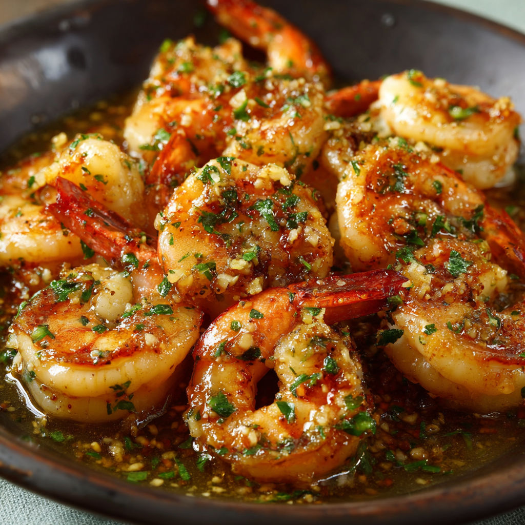 A bowl of shrimp with garlic and butter.