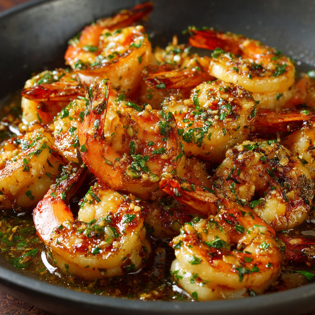 A bowl of shrimp with a spicy sauce.