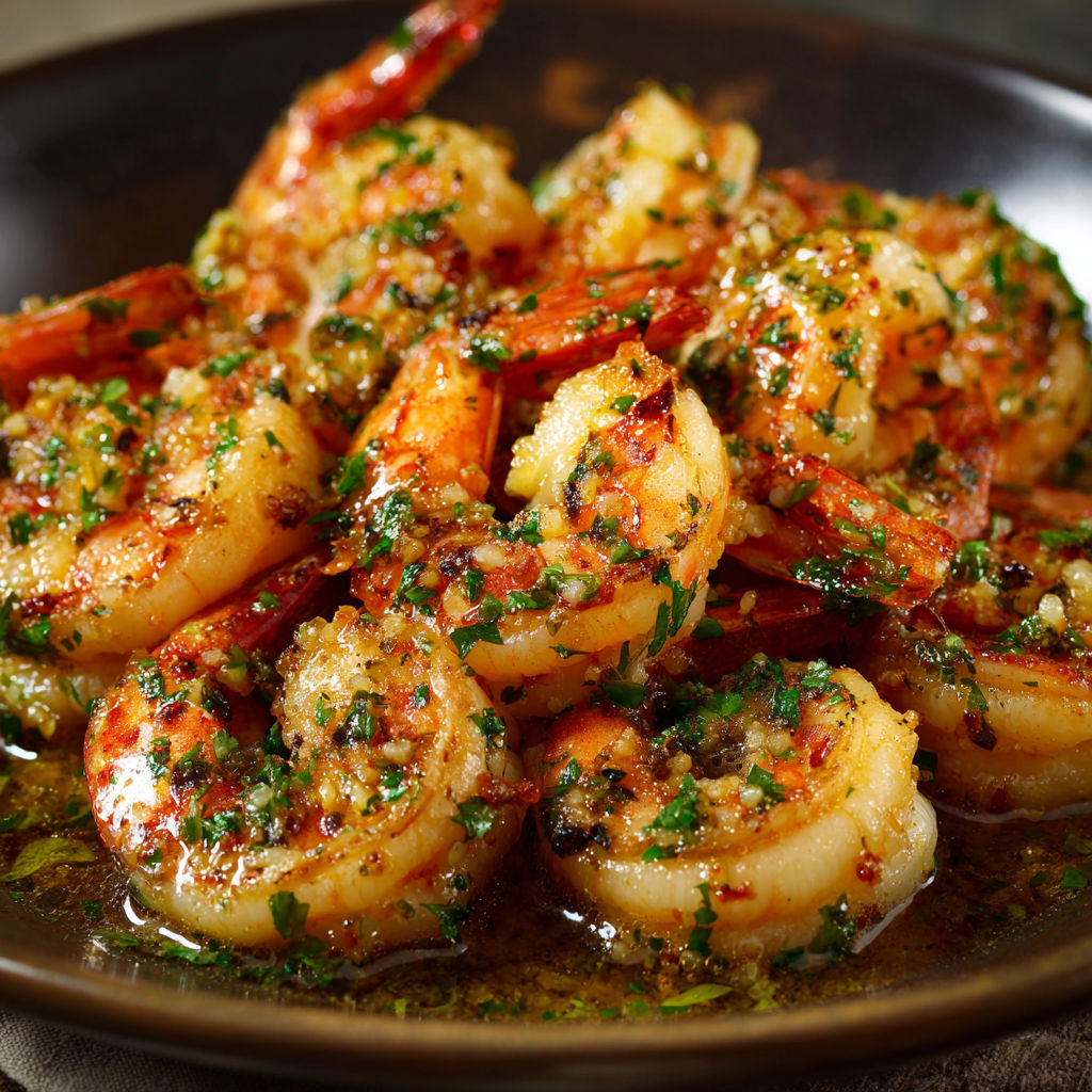 A bowl of shrimp with a spicy sauce.