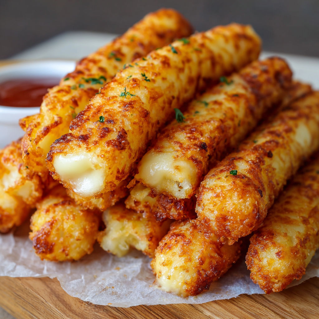 A plate of cheese sticks on a table.