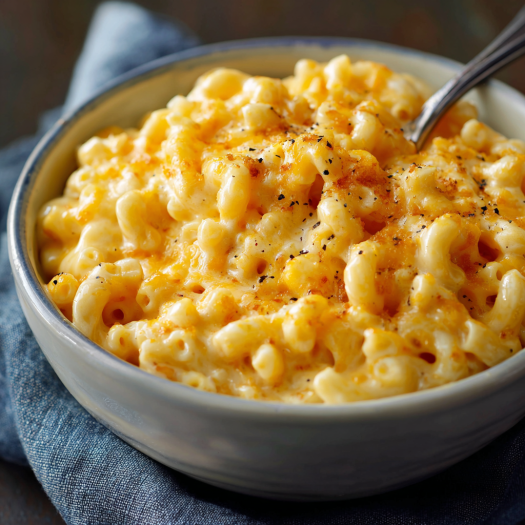 A bowl of macaroni and cheese.
