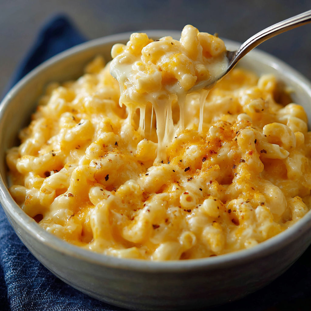 A bowl of macaroni and cheese with a spoon in it.