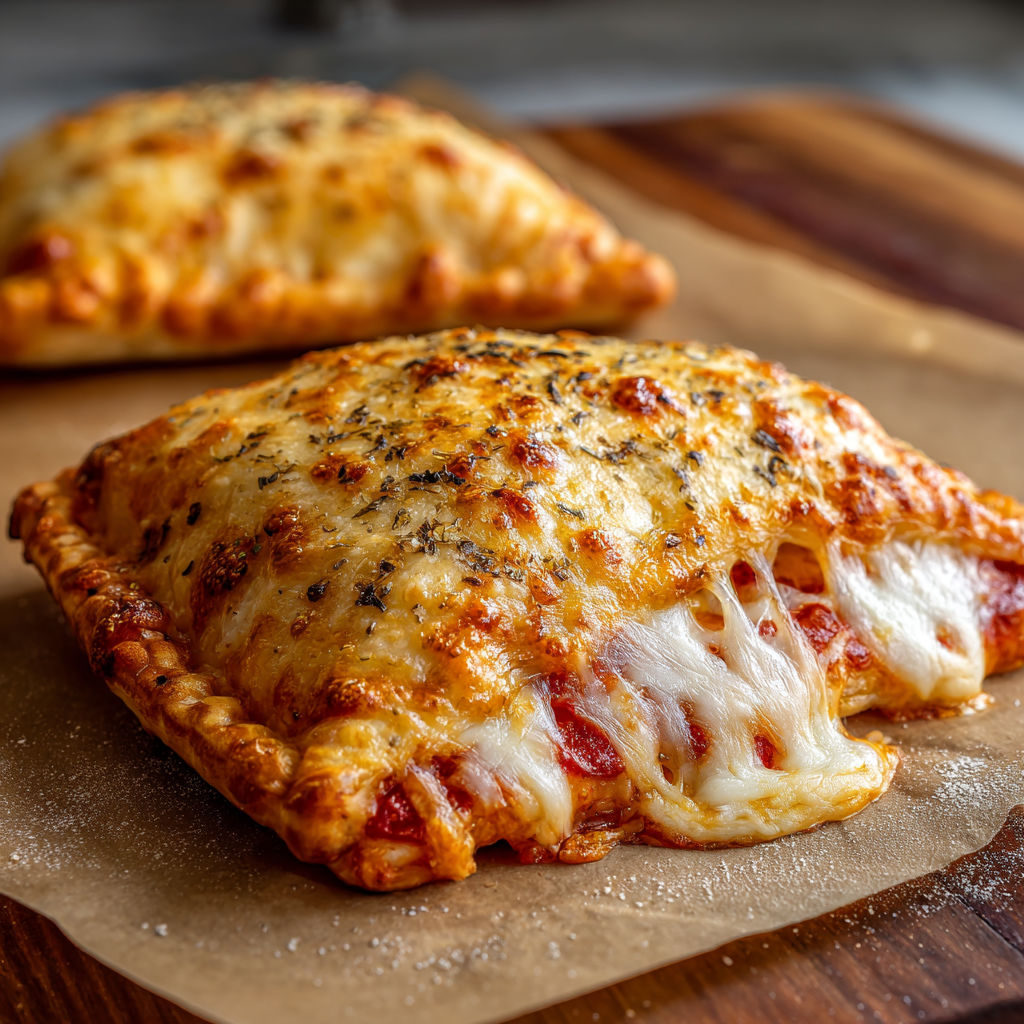 Two cheese pizza pockets on a wooden table.