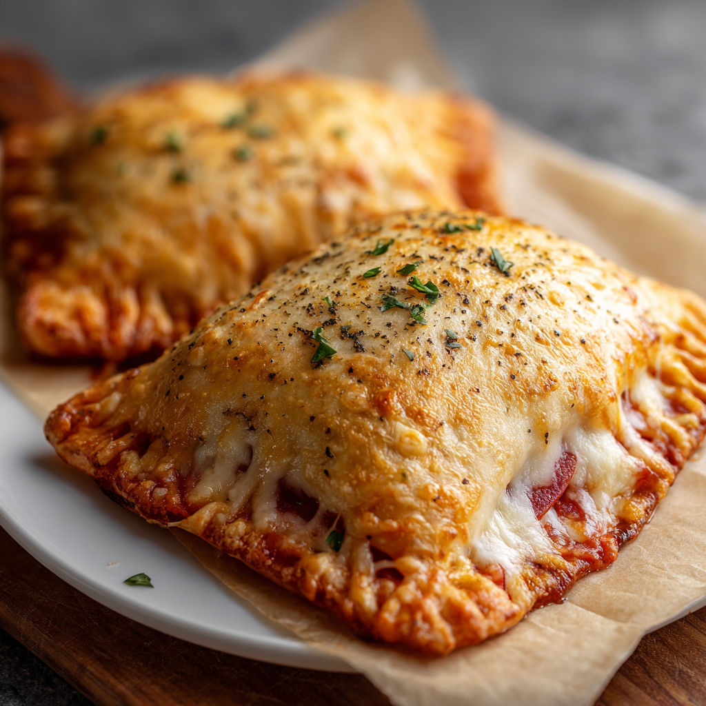 Two cheese pizza pockets on a plate.