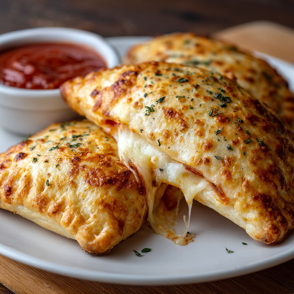 Two cheese pizza pockets on a plate.