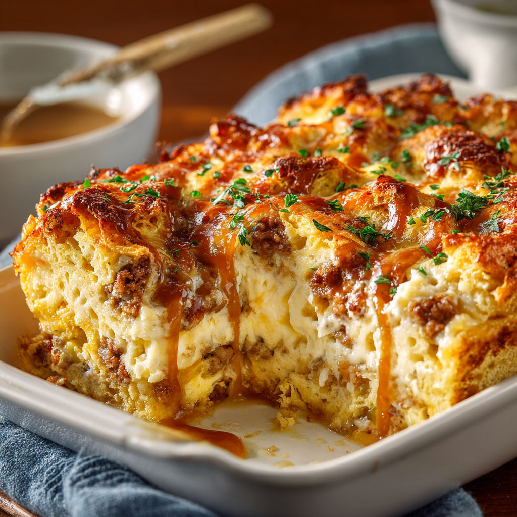 A white bowl with a biscuits and gravy breakfast casserole.