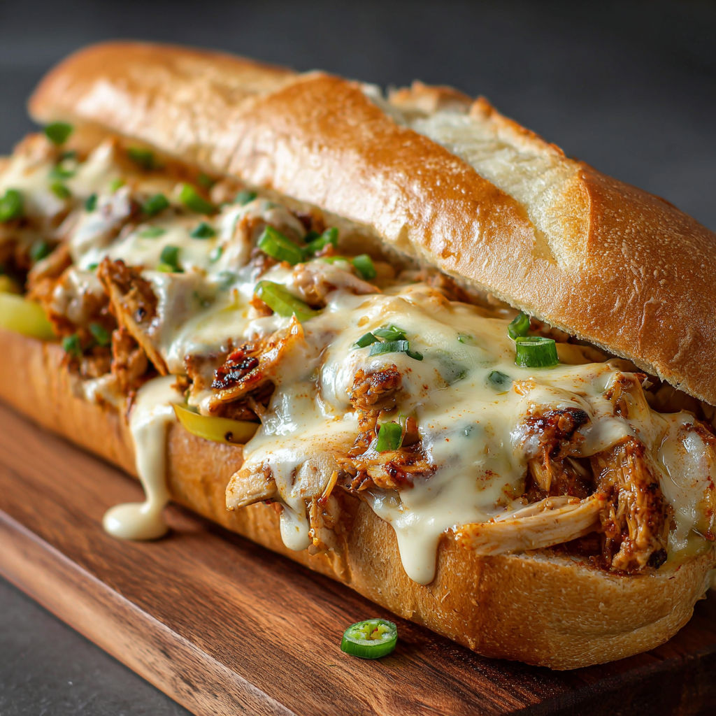 A sandwich with meat and cheese on a wooden table.