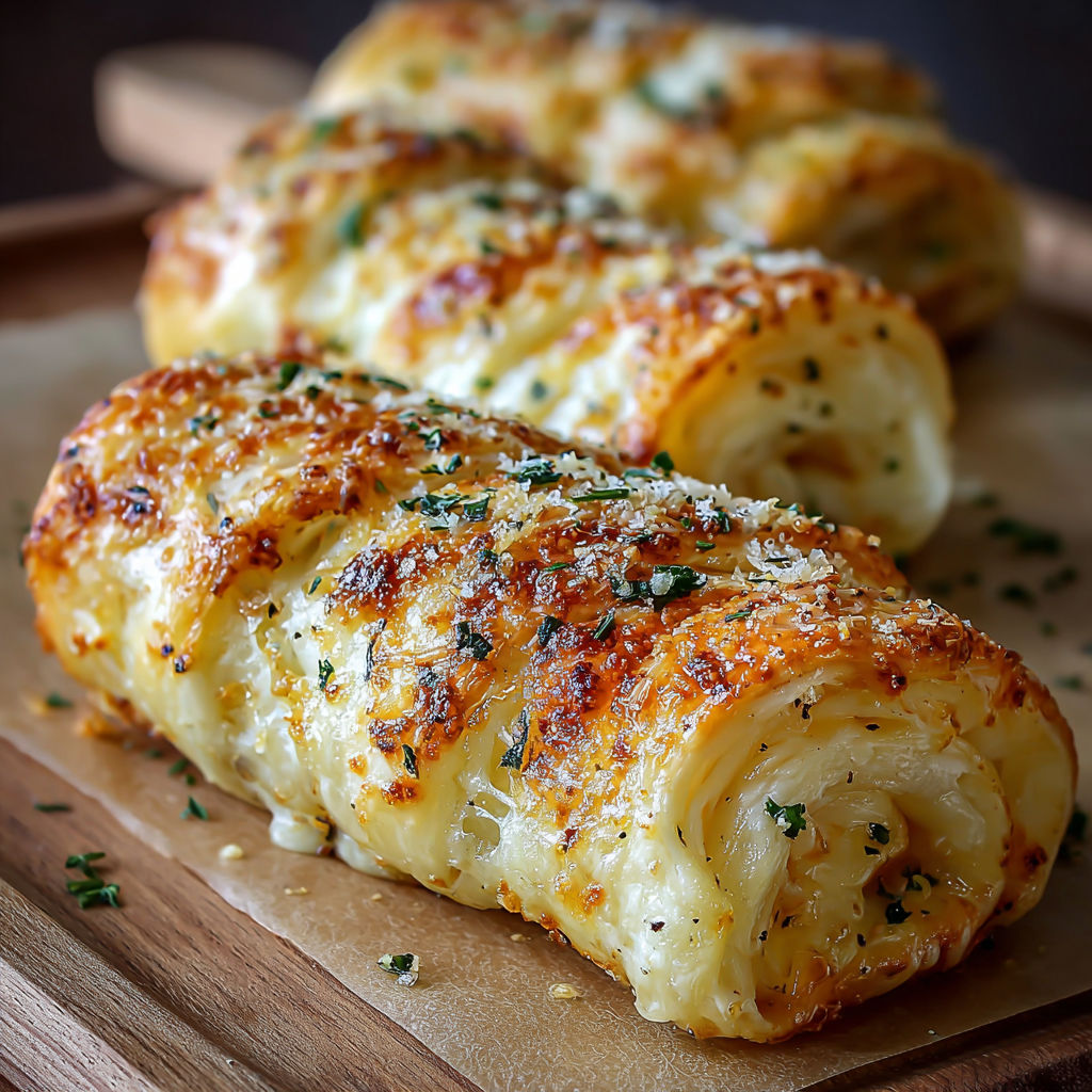 A cheese and herb filled pastry on a wooden board.