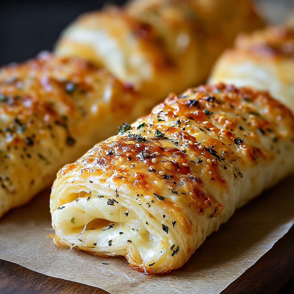 A close up of a pastry with cheese and herbs.