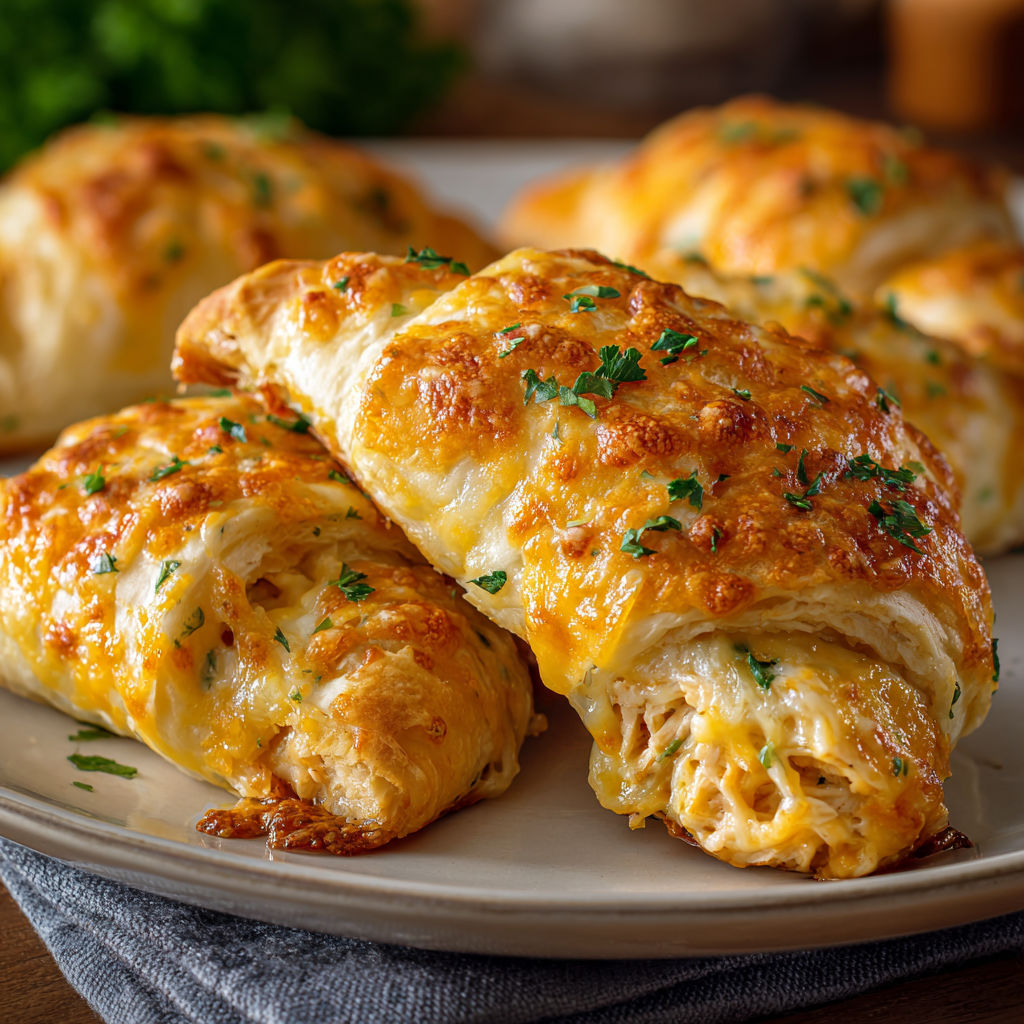 Cheesy chicken crescent rolls on a plate.