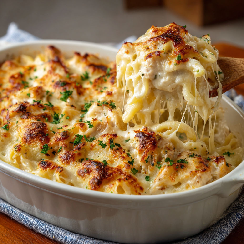 A close up of a delicious chicken Alfredo bake.