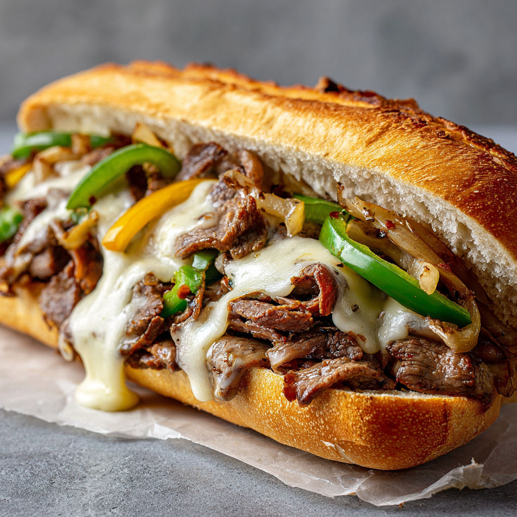 A sandwich with meat, cheese, and peppers.