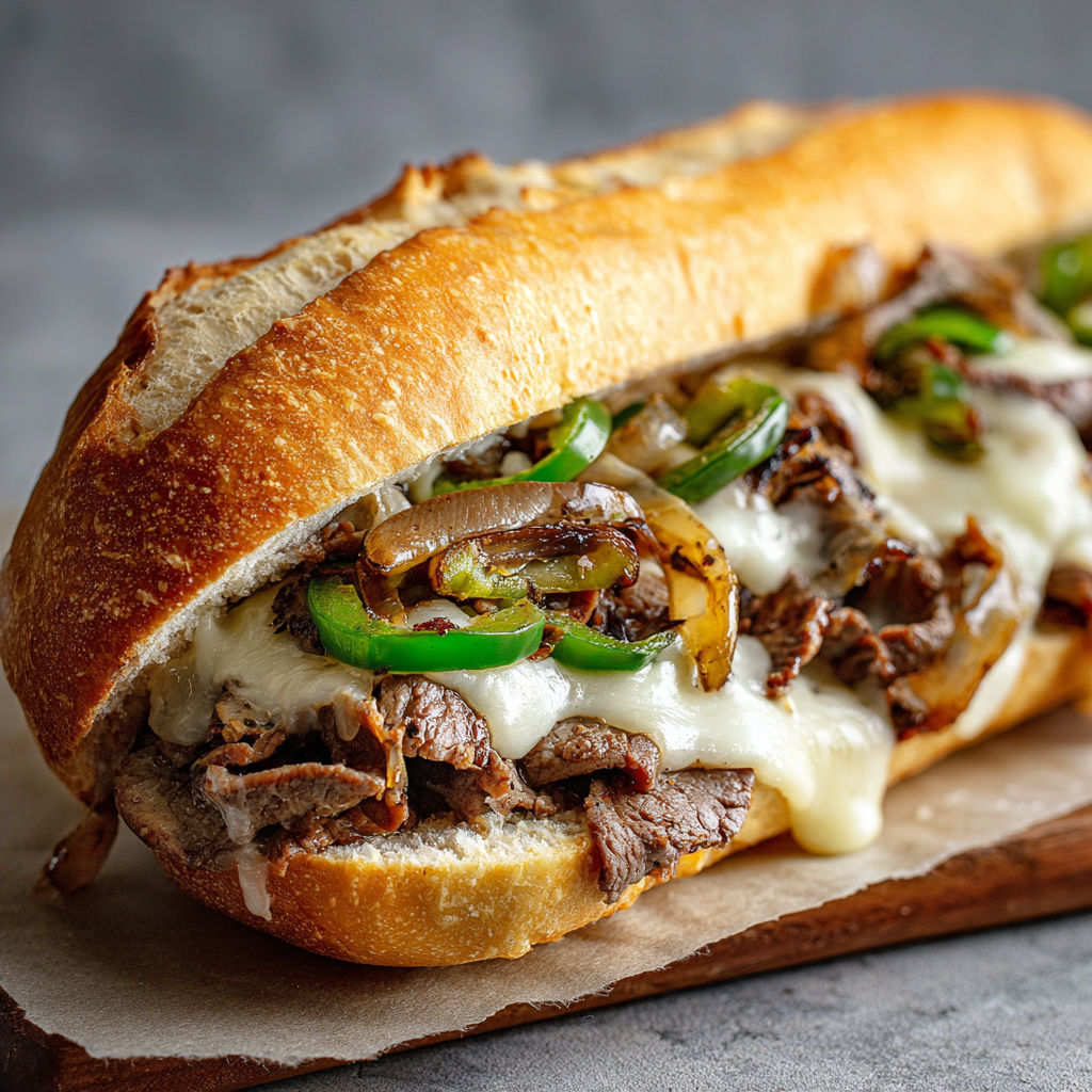 A sandwich with meat, cheese, and peppers.