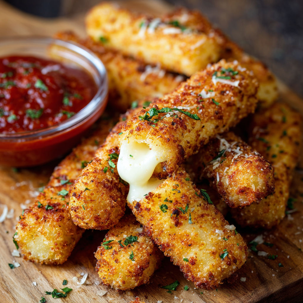 Mozzarella sticks in a bowl with a side of marinara sauce.