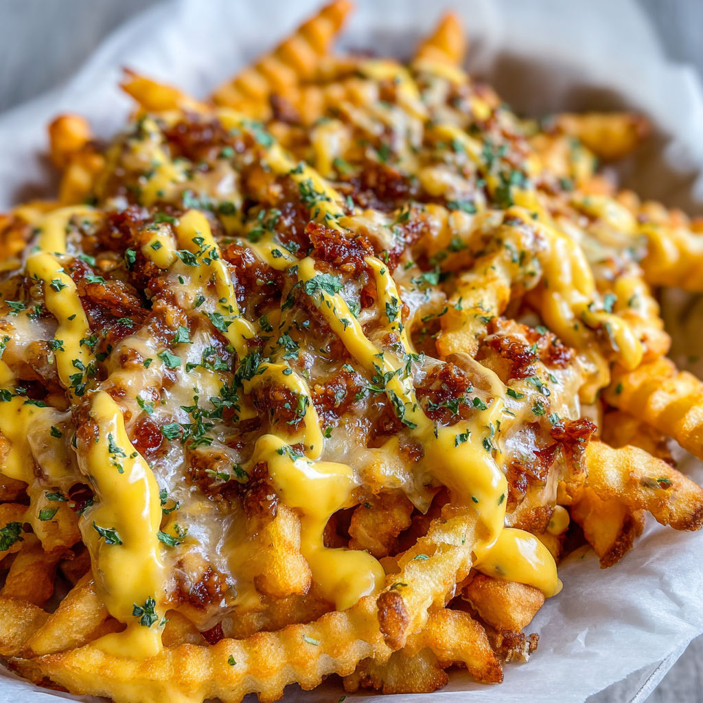 A plate of cheese fries with bacon bits on top.