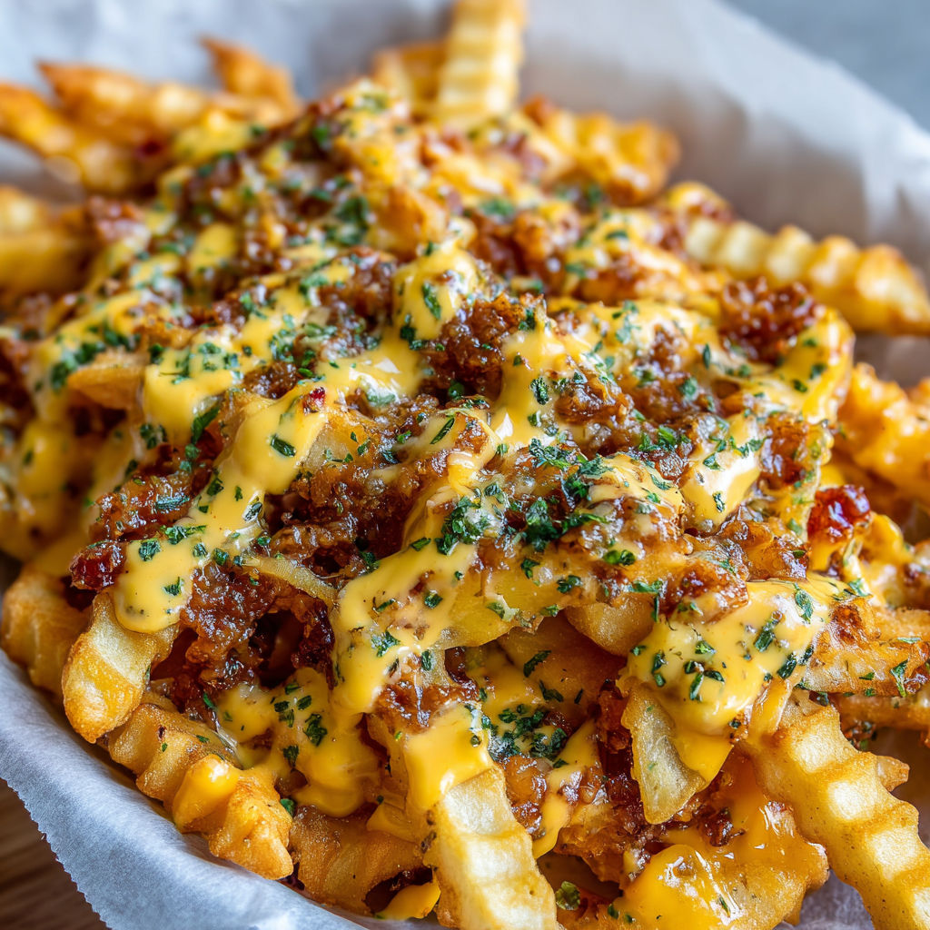 A close up of a plate of cheese fries.