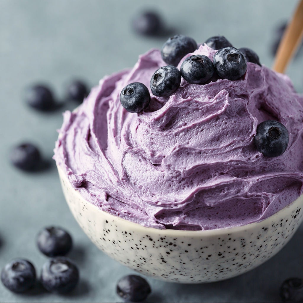 A bowl of blueberry cream cheese frosting.
