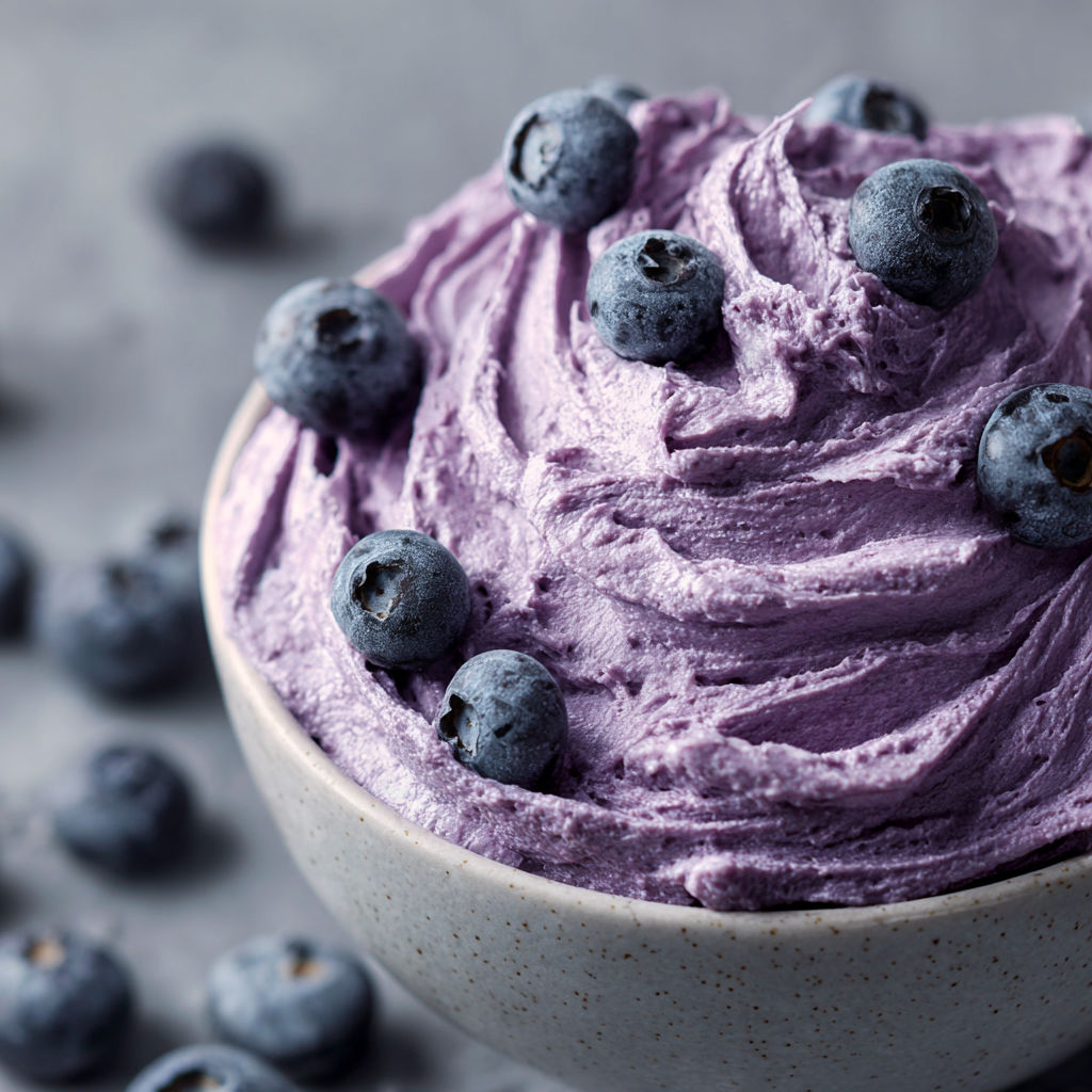 A bowl of blueberry cream cheese frosting.