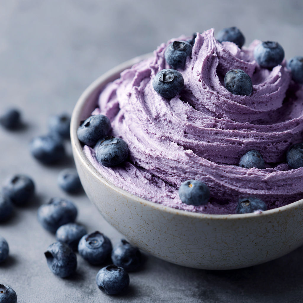 A bowl of blueberry cream cheese frosting.