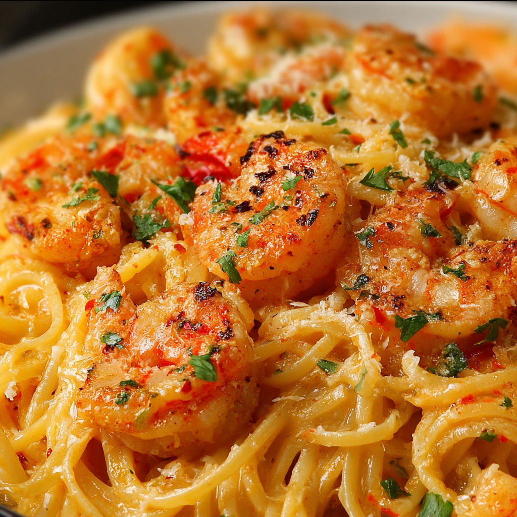A plate of pasta with shrimp and spices.