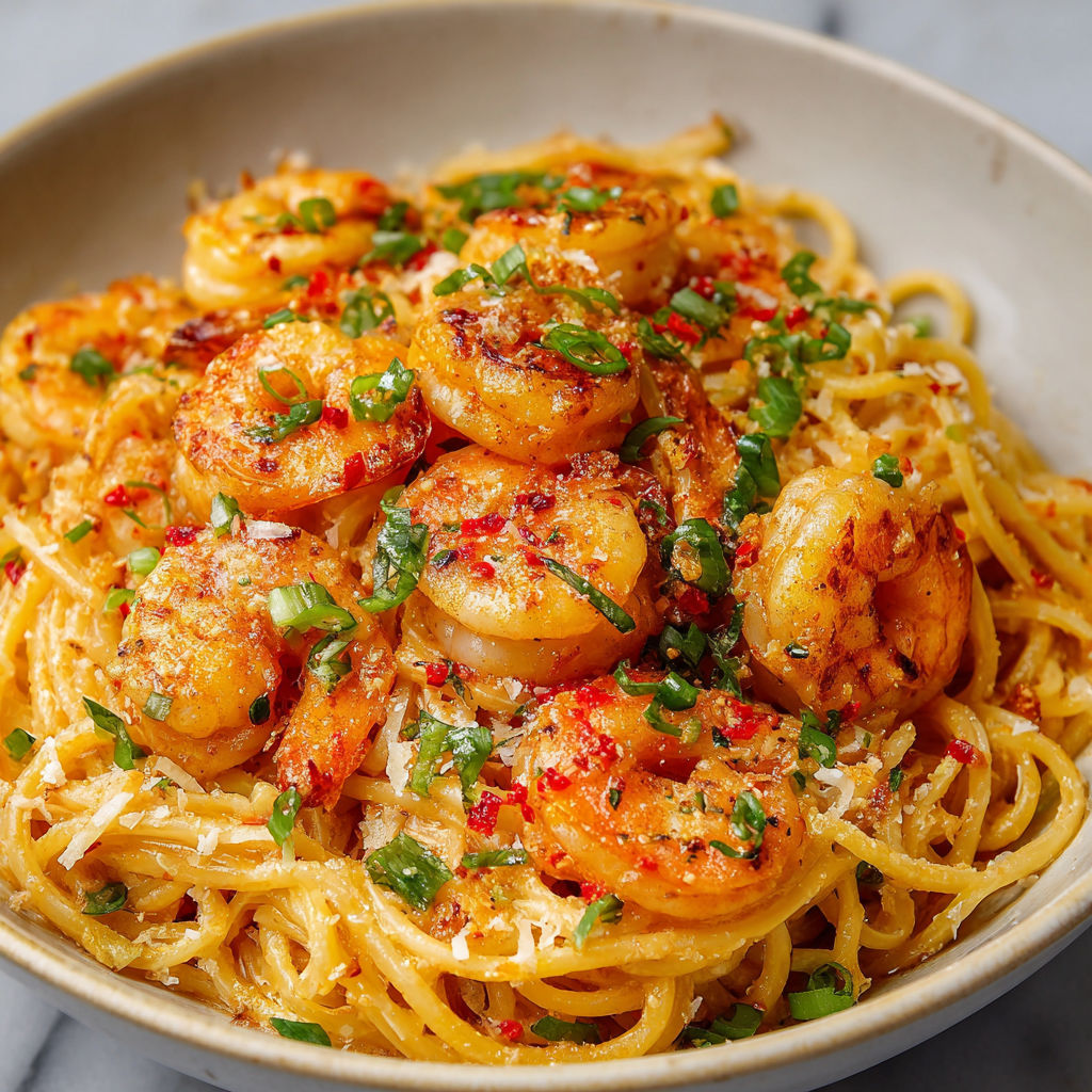 A bowl of shrimp and pasta.
