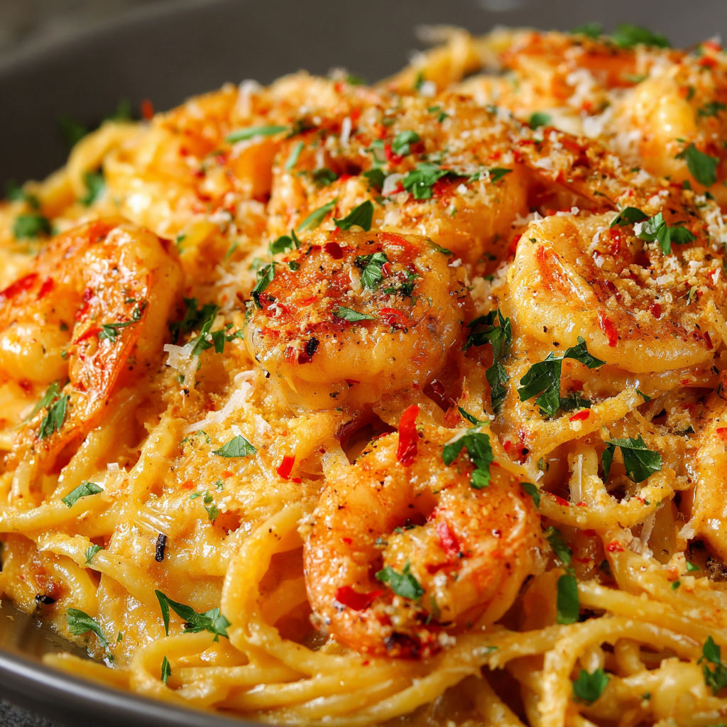 A bowl of shrimp and pasta.