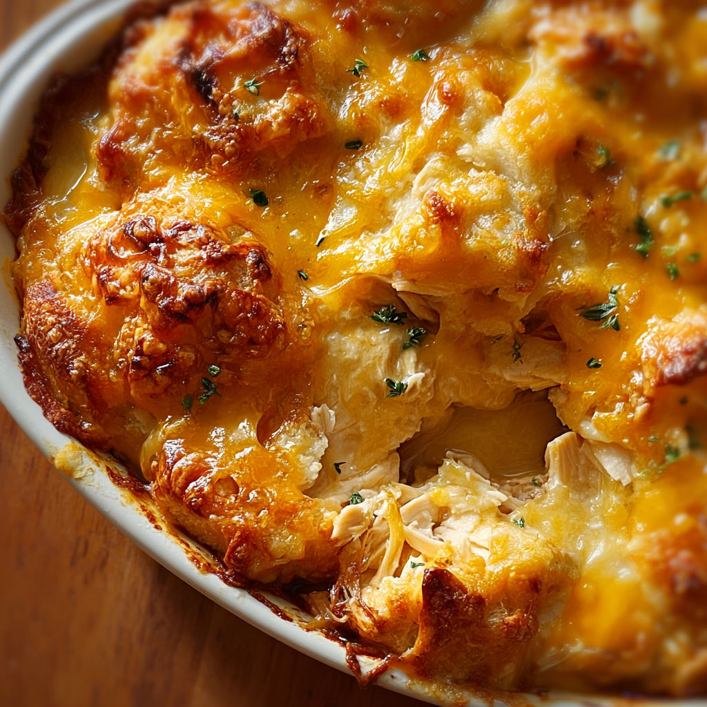 A close up of a casserole dish with a slice missing.