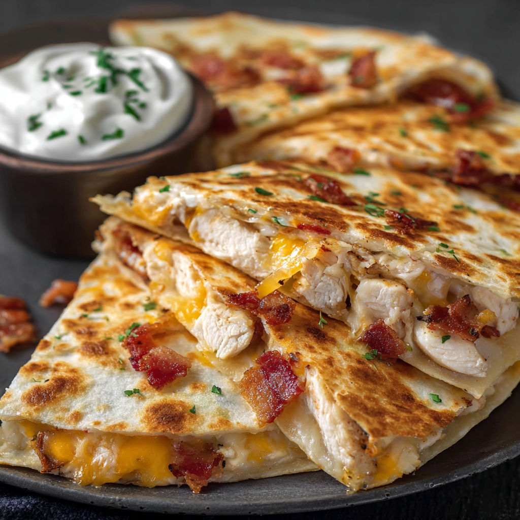 A chicken bacon ranch quesadilla on a plate.