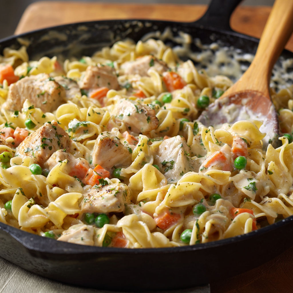 A creamy chicken pot pie pasta dish.