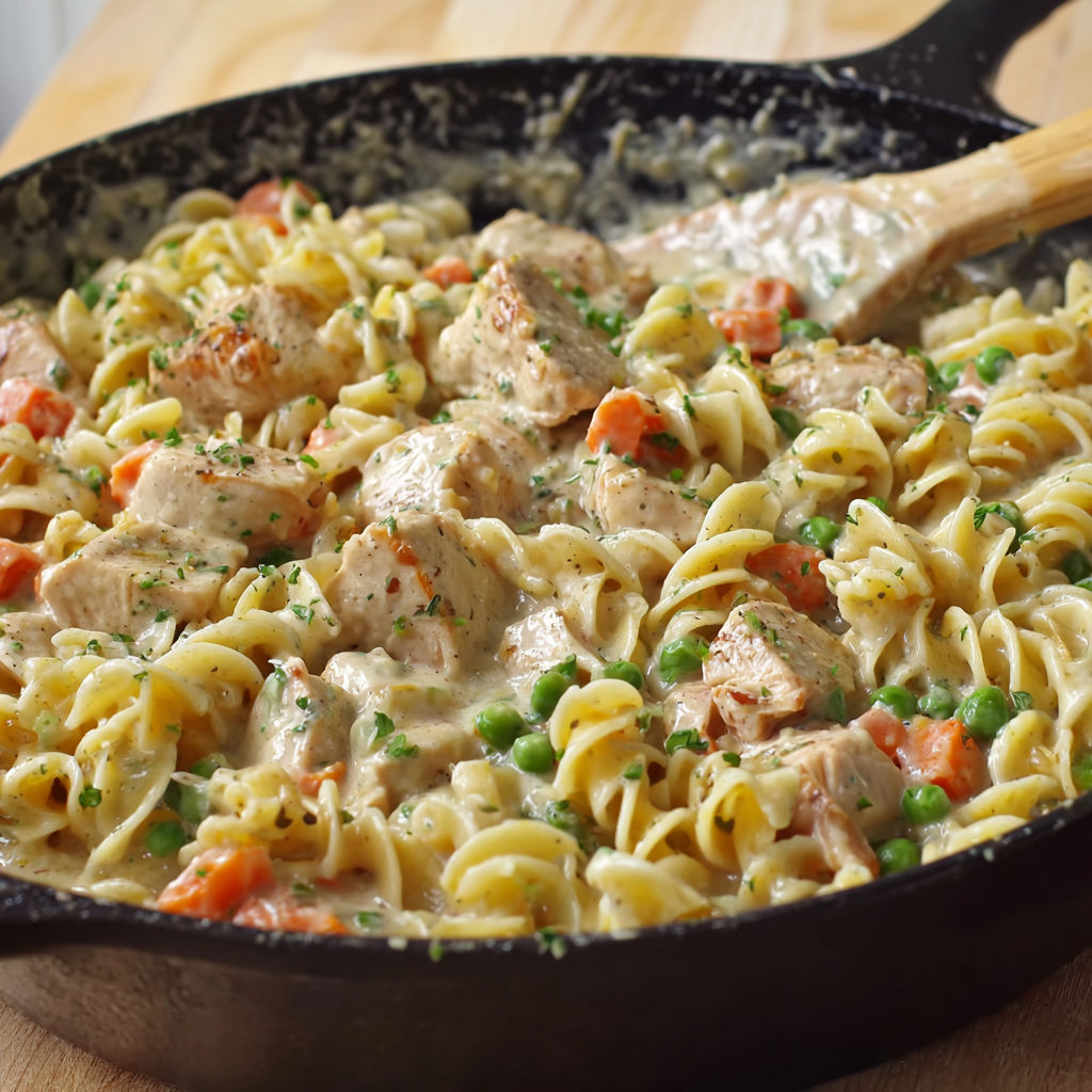 A pan of creamy chicken pasta.