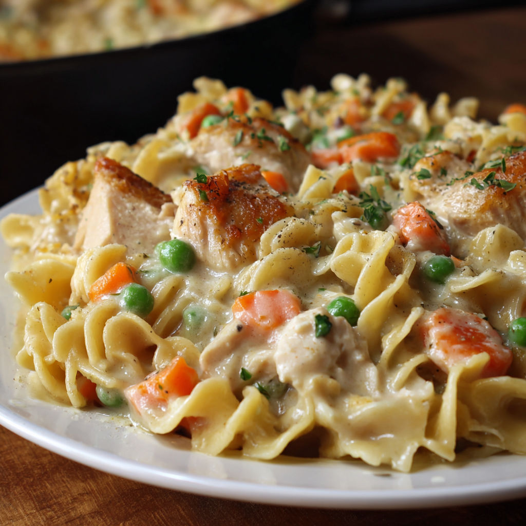 A plate of pasta with chicken and peas.