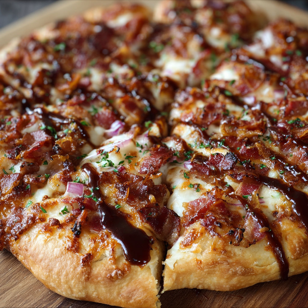 A slice of pizza with bacon and onions.
