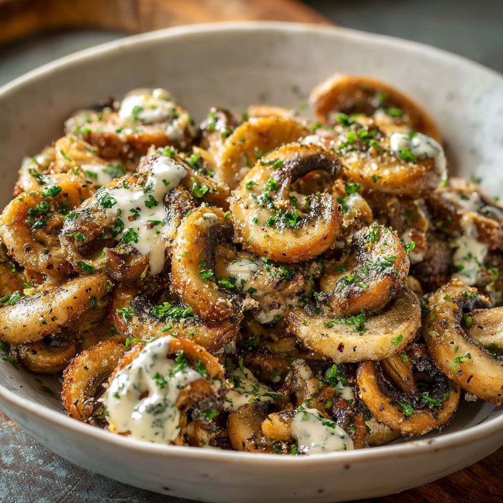 A bowl of food with mushrooms and cheese.