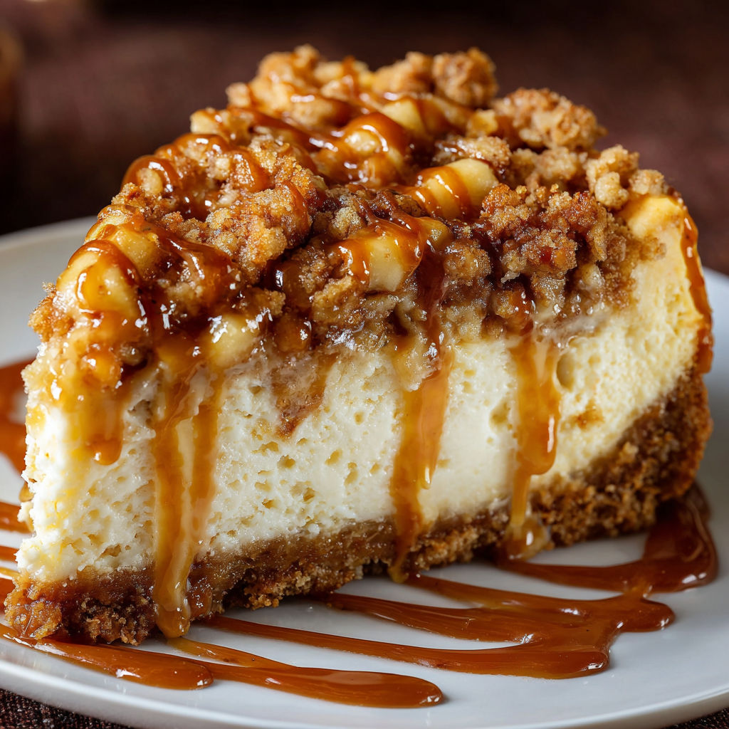 A slice of cheesecake with caramel drizzled on top.