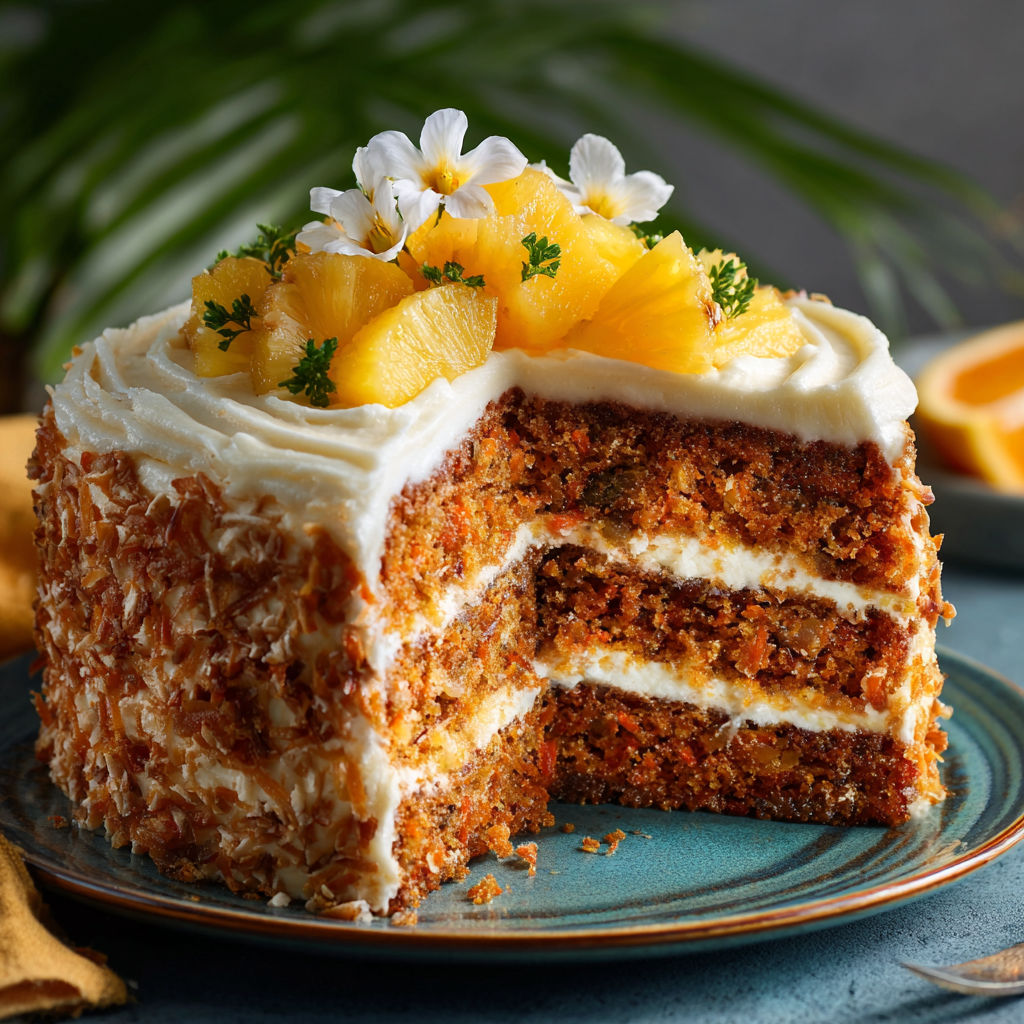 A slice of cake with pineapple on top.