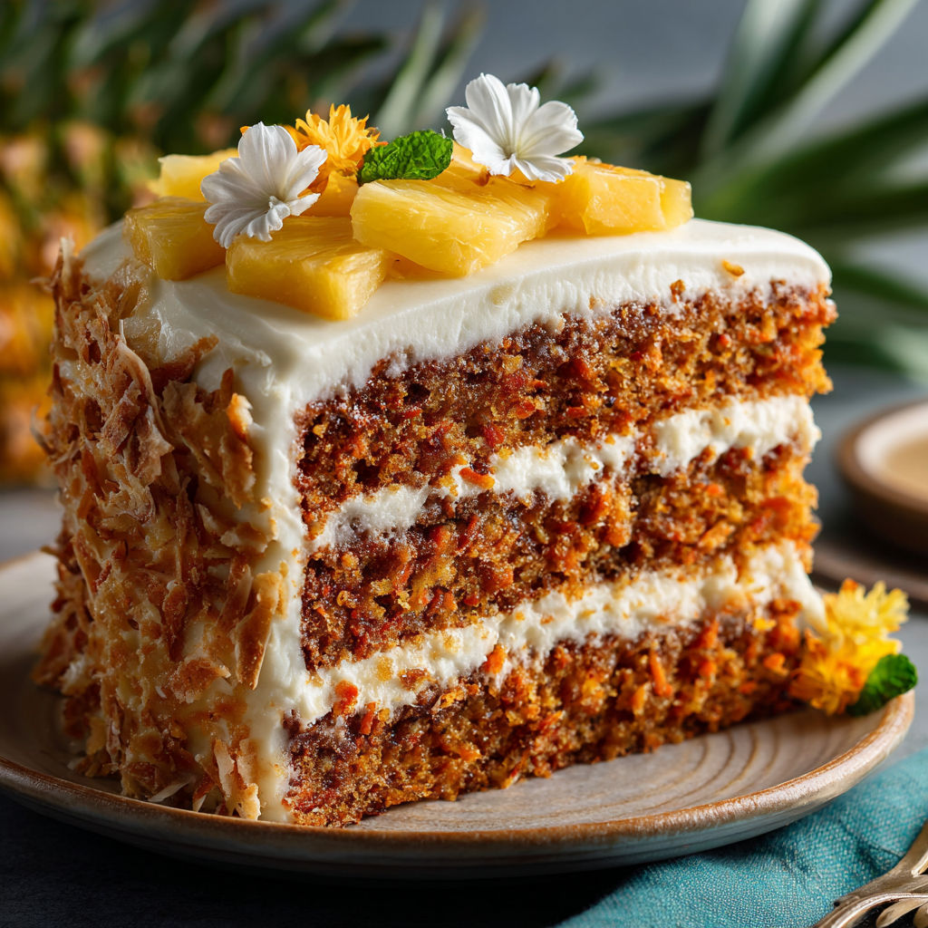 A slice of cake with pineapple on top.