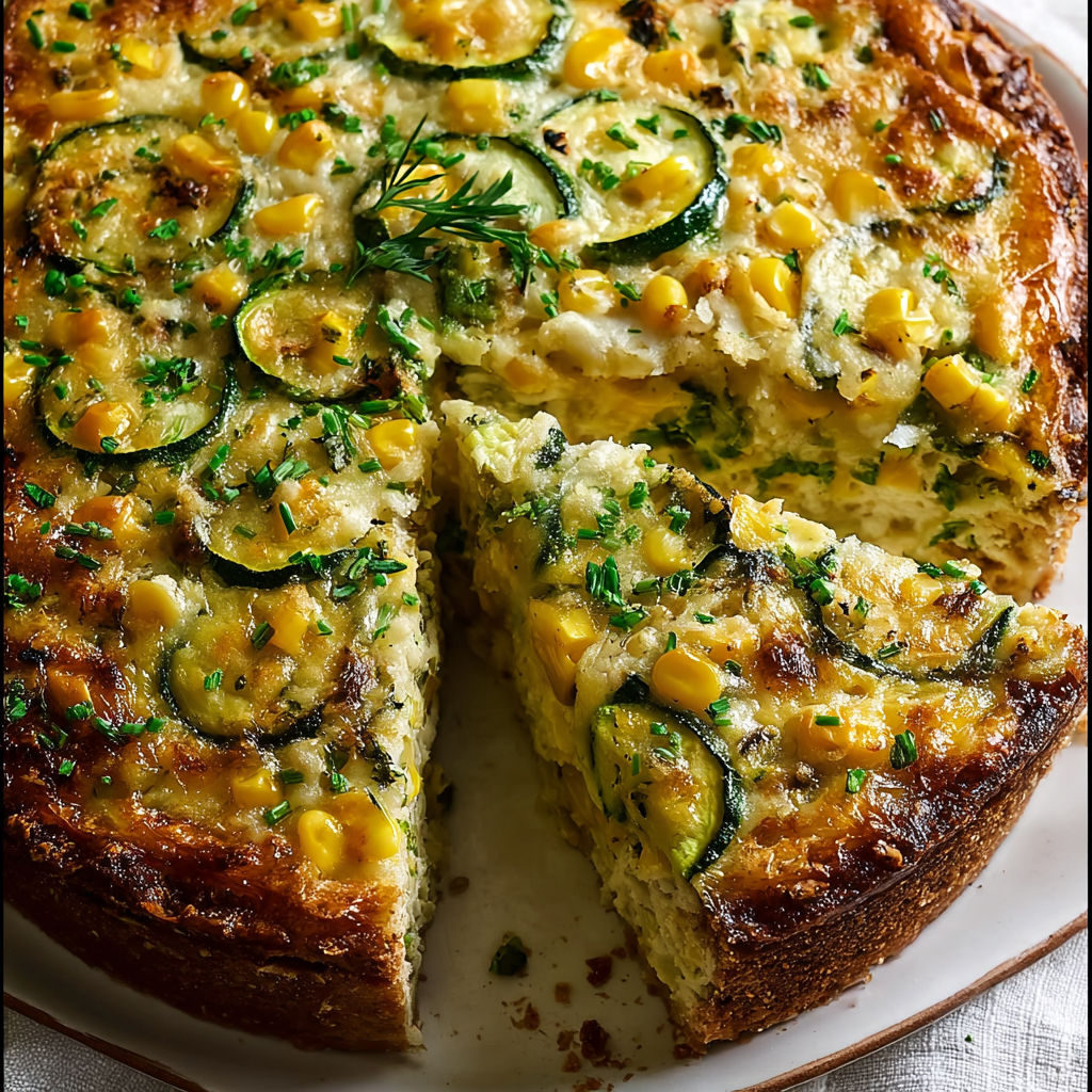A slice of a sweet corn zucchini pie.
