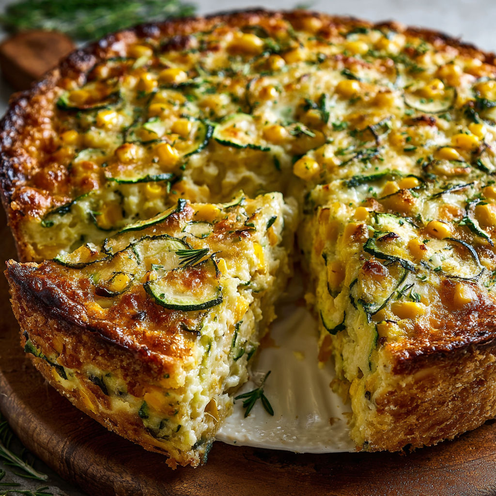 A slice of a quiche with corn and zucchini.