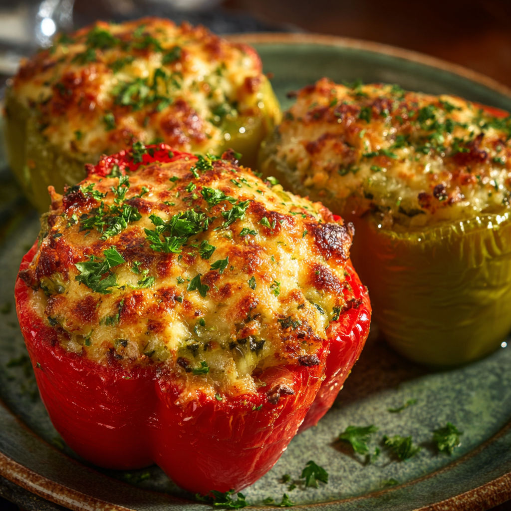 Three peppers with cheese on a plate.