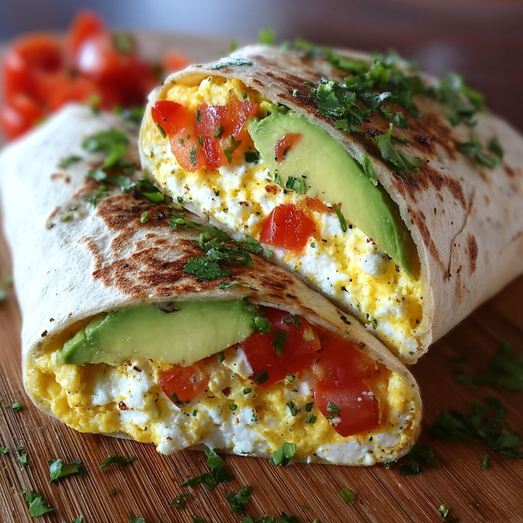 A breakfast burrito with avocado and cottage cheese.