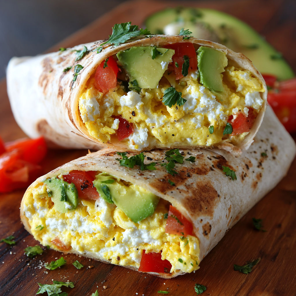 A breakfast burrito with avocado and cottage cheese.