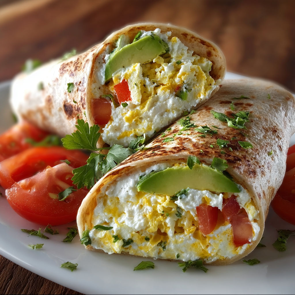 A breakfast burrito with avocado and cottage cheese.