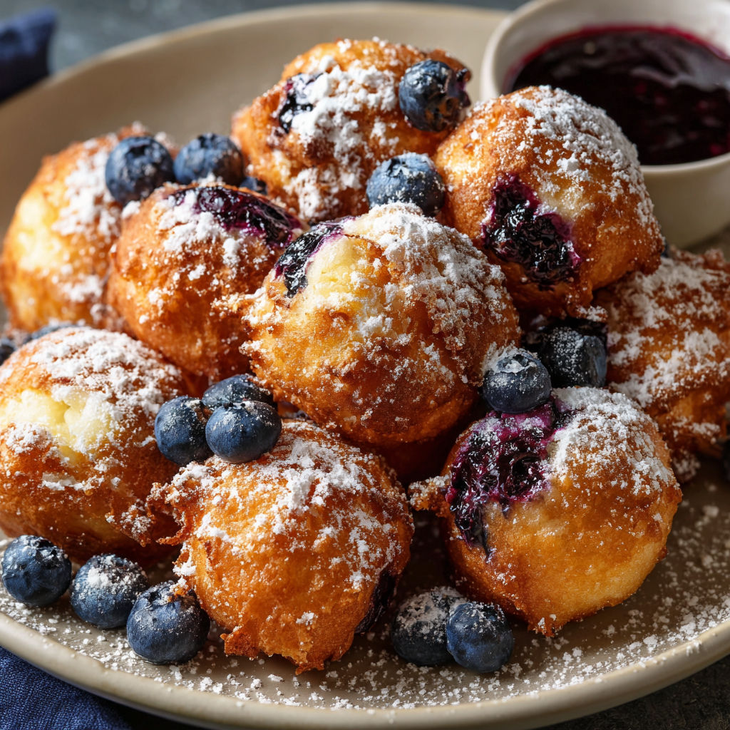 A plate of blueberry powdered pastries.